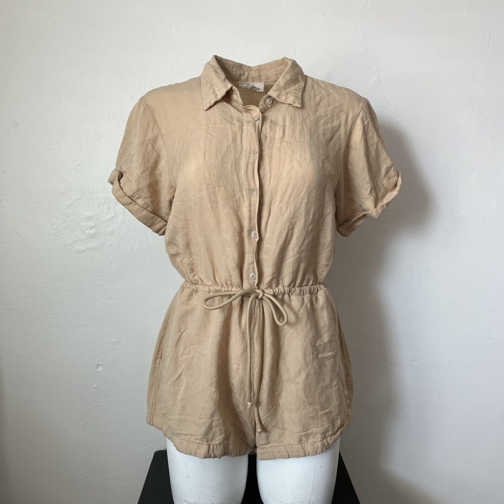Elan Button-Up Romper Womens M Pockets Drawstring Beige Linen Blend